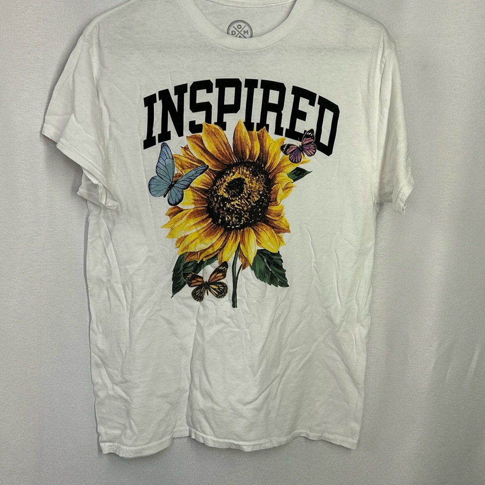 White T-Shirt with Sunflower and Butterfly Design